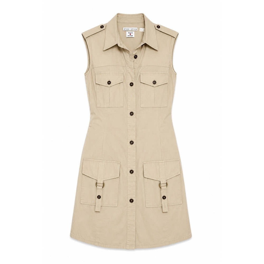 Alice + Olivia Scoop Shirt Dress S Beige Safari Utility Cargo Y2K Quiet Luxury